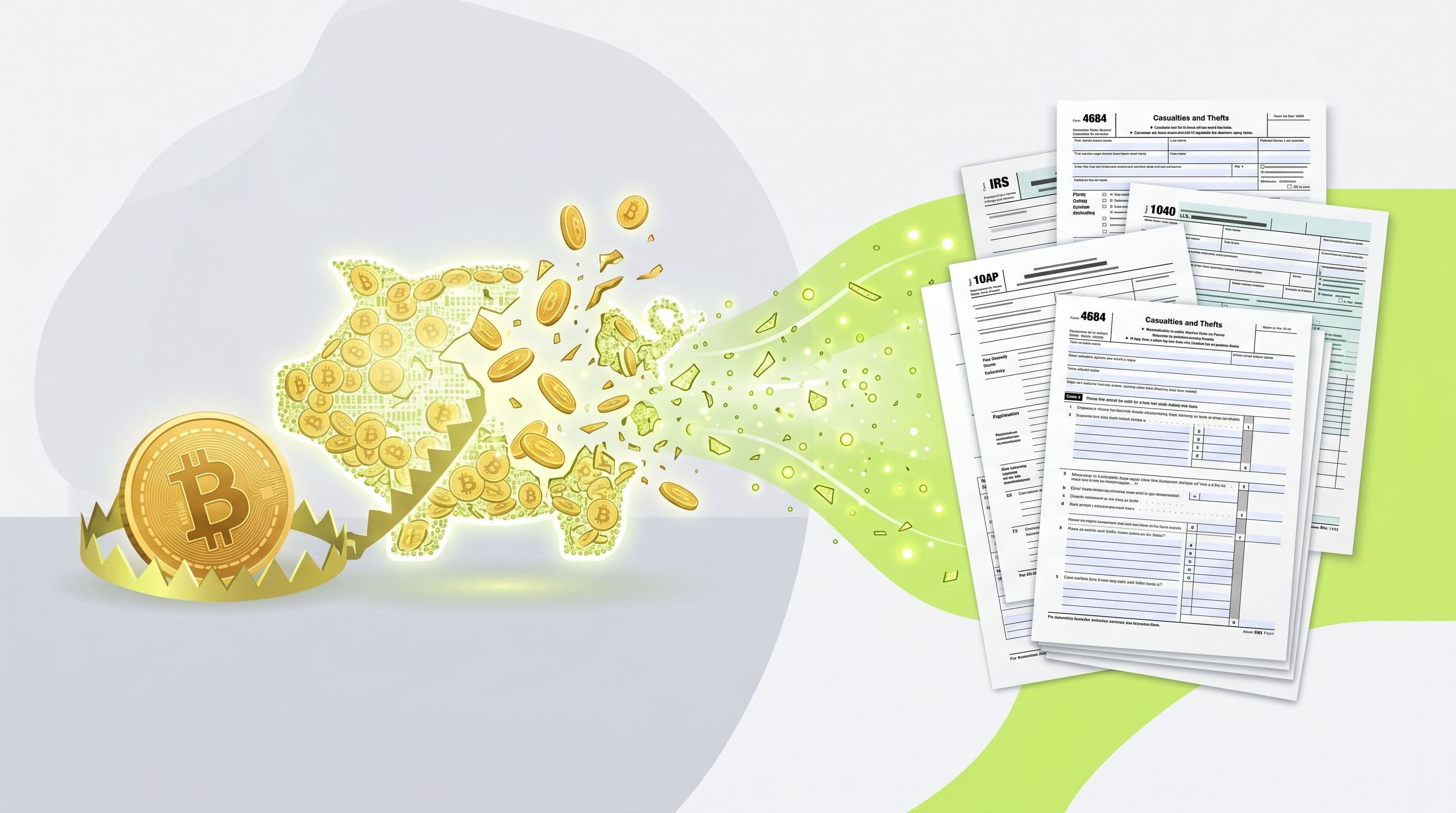 Editorial illustration: a golden pig-shaped pile of Bitcoin coins shattering into lime-green particles that flow into a stack of IRS tax forms and a Form 4684, symbolizing a pig butchering scam loss recovered as a §165(c)(2) deduction