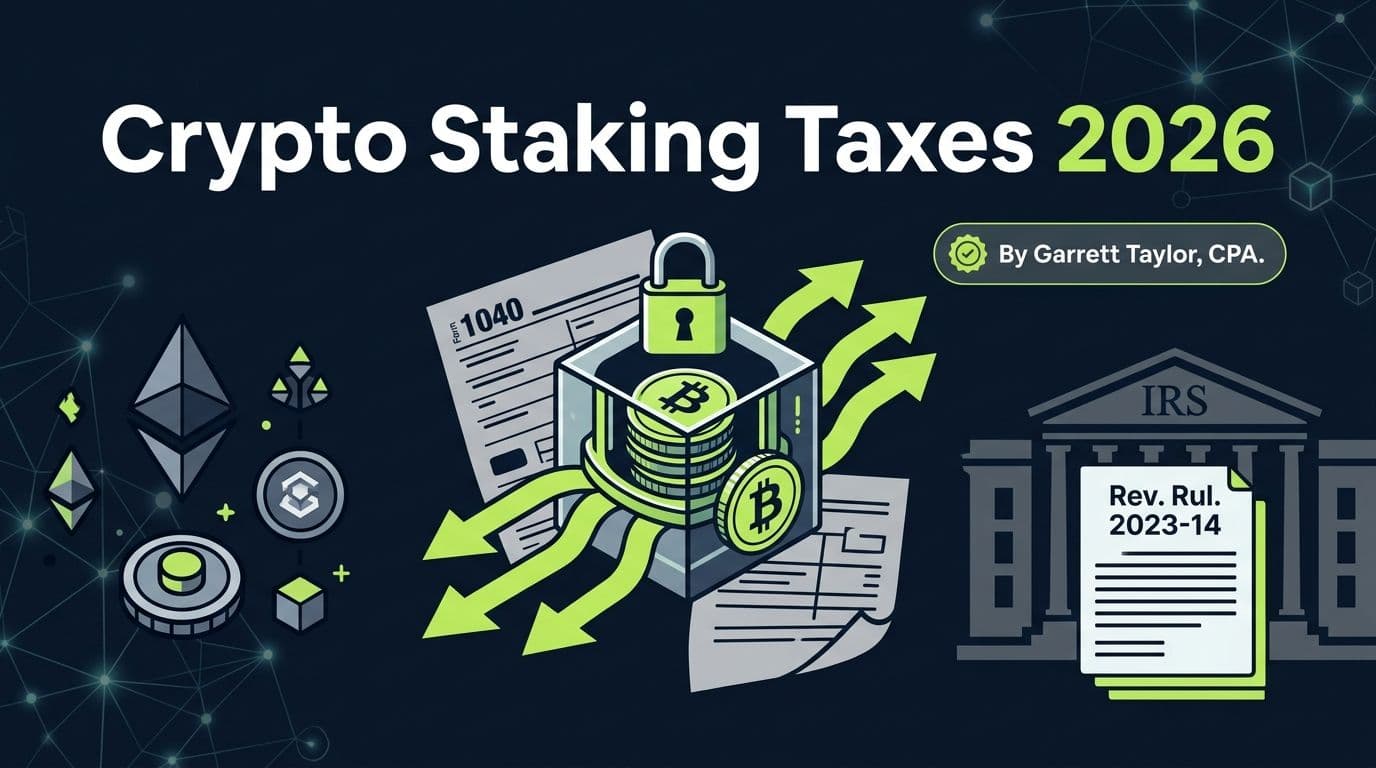 How crypto staking is taxed in 2026 - hero image showing staking rewards flowing into tax form elements with IRS guidance references