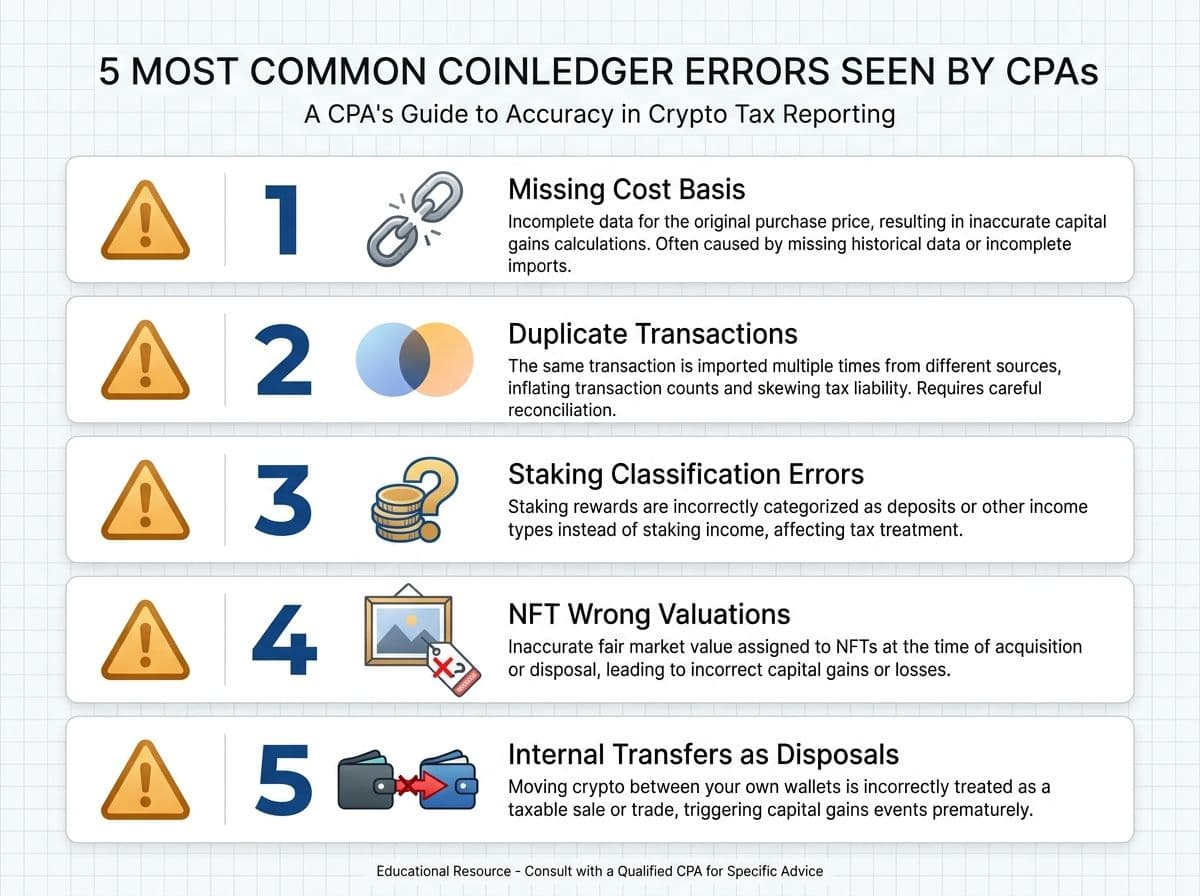 The 5 most common CoinLedger errors CPAs find: missing cost basis, duplicates, staking misclassification, NFT valuations, and transfer misidentification
