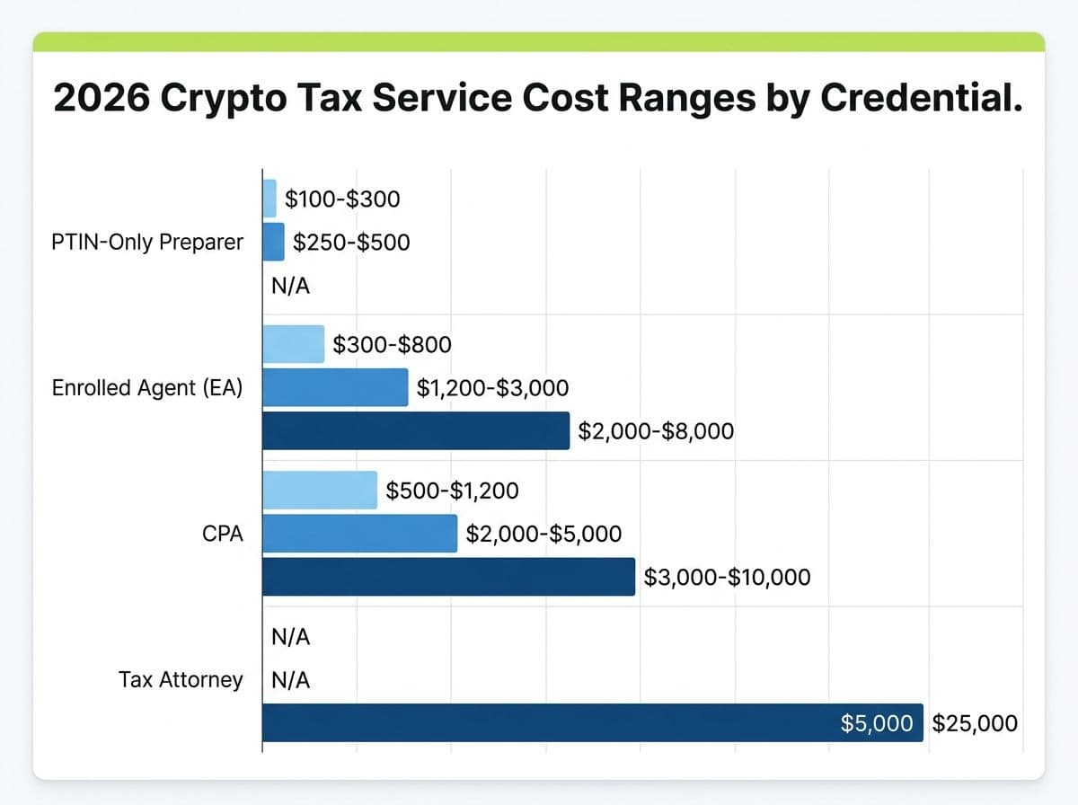 Grouped bar chart comparing crypto tax service costs across PTIN-only preparers, Enrolled Agents, CPAs, and Tax Attorneys for simple returns, complex returns, and audit representation