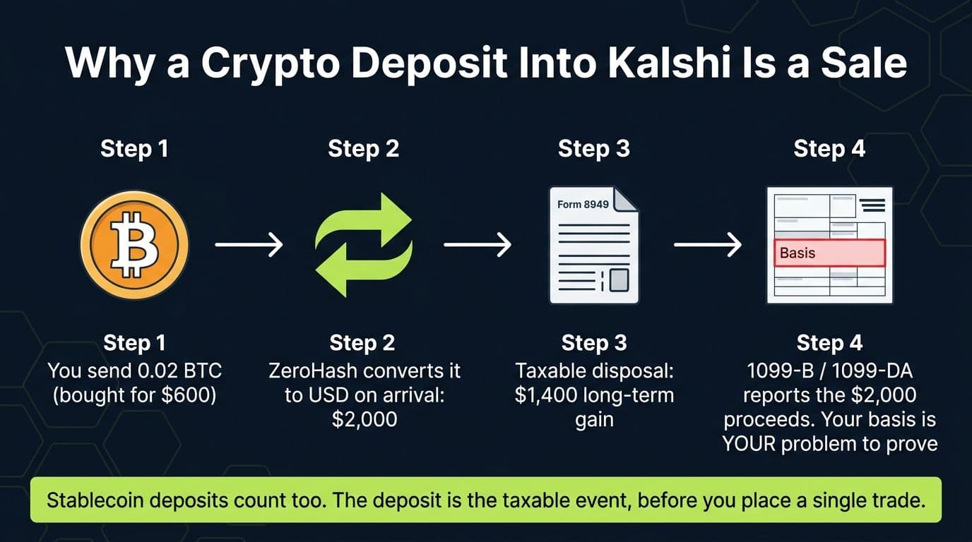 Flow diagram showing a bitcoin deposit into Kalshi being converted to dollars by ZeroHash and creating a taxable capital gain