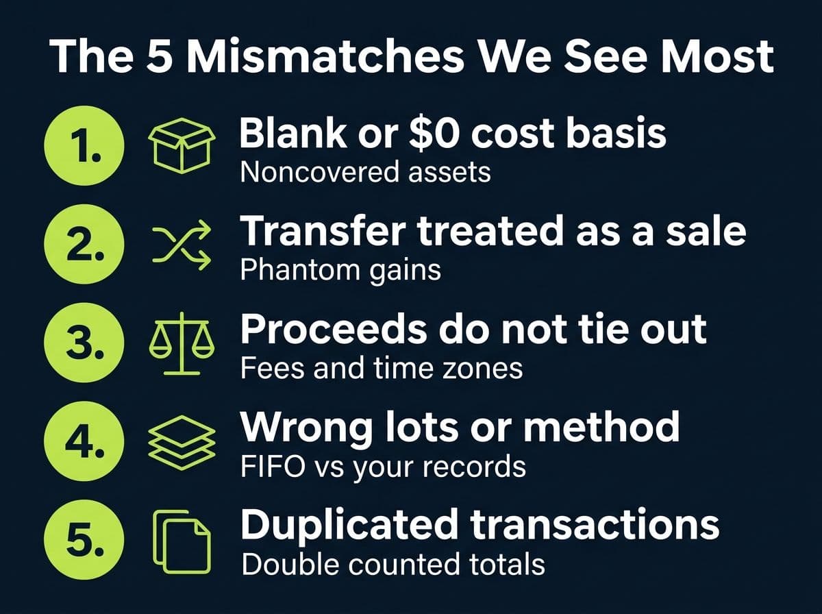 List of the five most common 1099-DA mismatches: blank basis, phantom transfer sales, proceeds gaps, wrong lots, duplicates