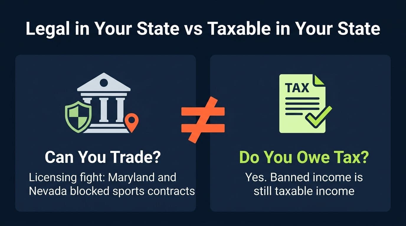 Infographic showing that whether prediction market trading is legal in a state and whether winnings are taxable are two different questions