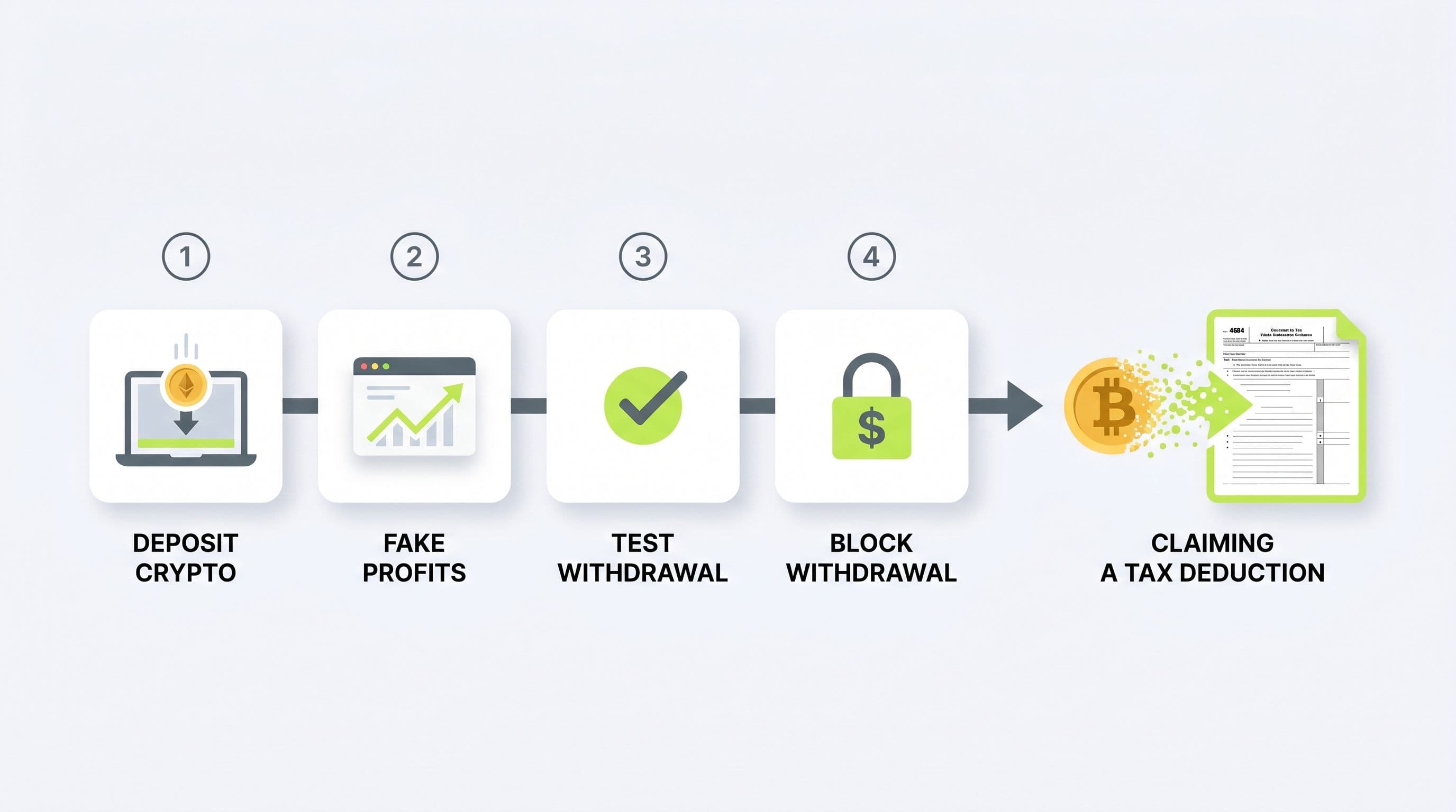 Infographic flow of a fake crypto investment platform scam: deposit crypto, fake profits, test withdrawal, blocked withdrawal, leading to a deductible theft loss on IRS Form 4684