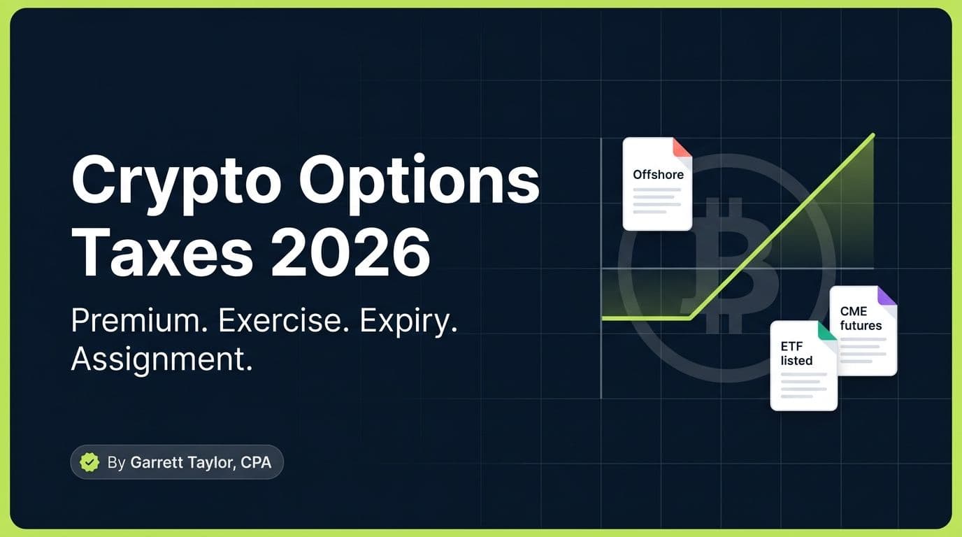 Crypto options taxes 2026 hero image showing an option payoff curve and three instrument types