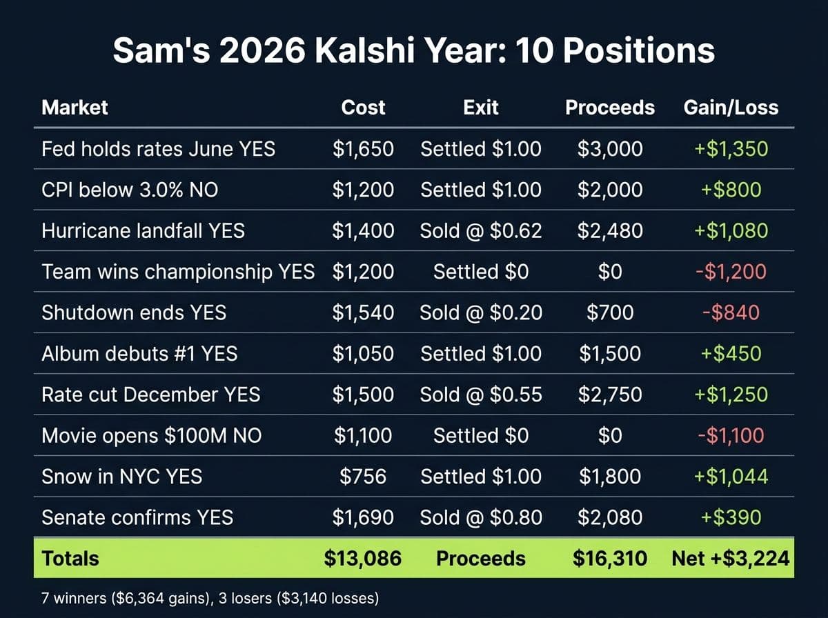 Trade log table of a sample Kalshi trader with 10 positions showing $13,086 cost, $16,310 proceeds and $3,224 net profit
