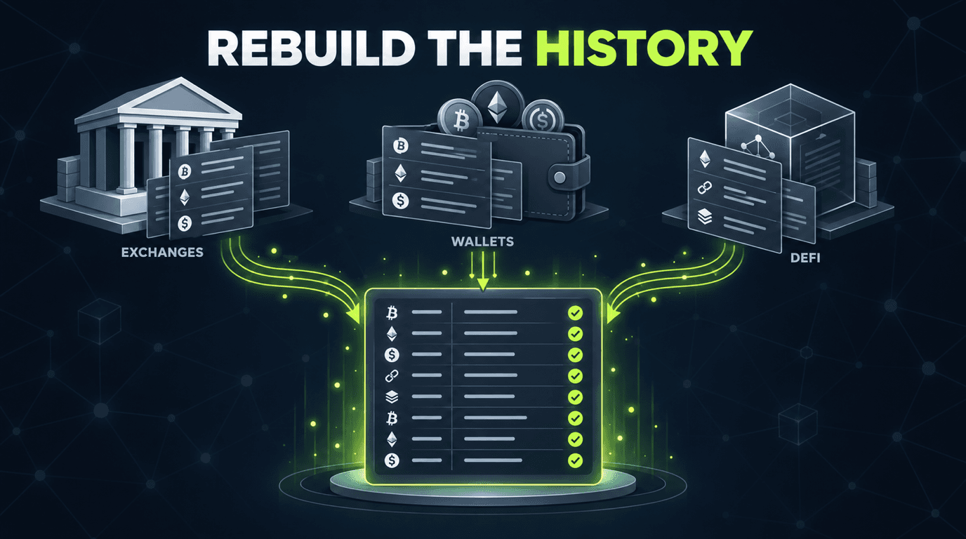 Crypto transaction records from exchanges, wallets, and DeFi combined into one reconciled history