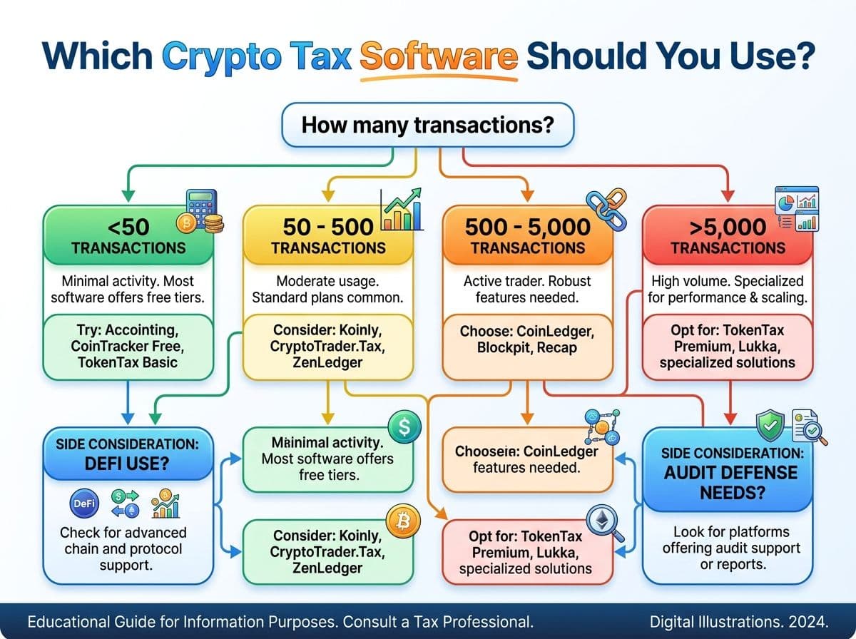 Decision tree flowchart helping crypto investors choose the right tax software based on portfolio complexity, exchange usage, and specific needs