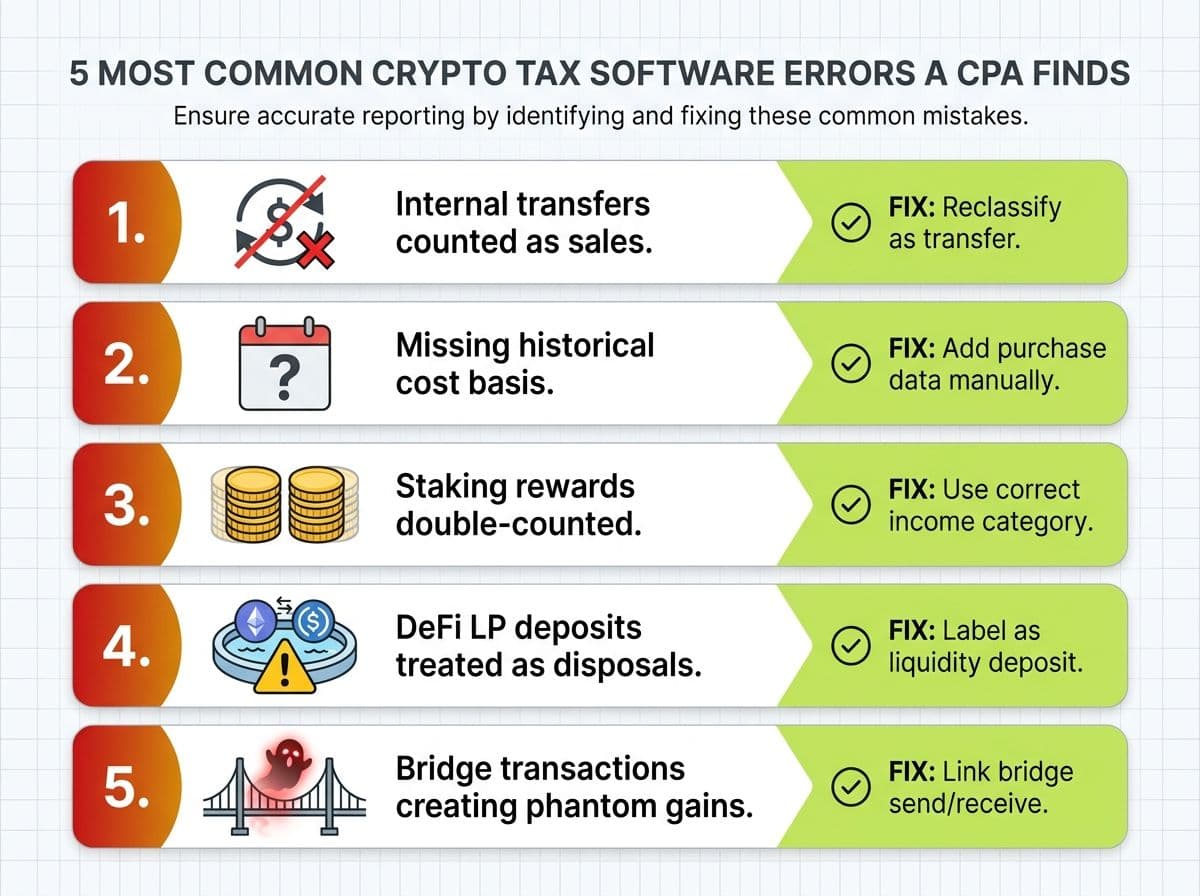 The 5 most common crypto tax software errors CPAs find: unmatched transfers, missing cost basis, staking duplicates, DeFi miscategorization, and bridge phantom gains