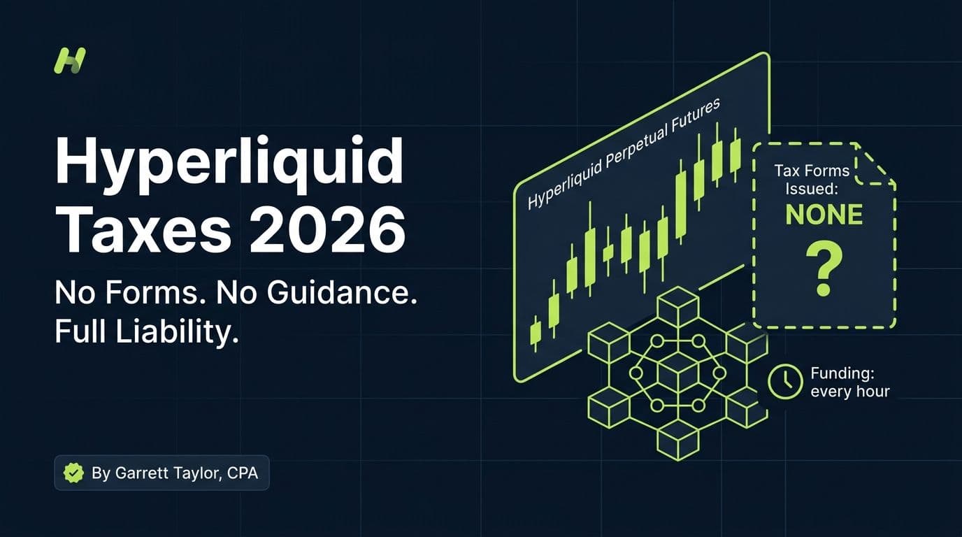 Hyperliquid taxes 2026 hero image showing a perps chart, hourly funding clock, and the tax form Hyperliquid never issues