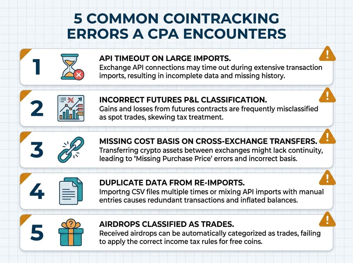 The 5 most common CoinTracking errors: API timeouts, futures misclassification, missing cost basis, duplicates, and airdrop miscategorization