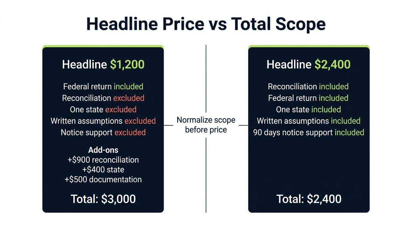 Proposal comparison showing a 1200 dollar return-only quote reaching 3000 dollars after add-ons versus a 2400 dollar inclusive quote