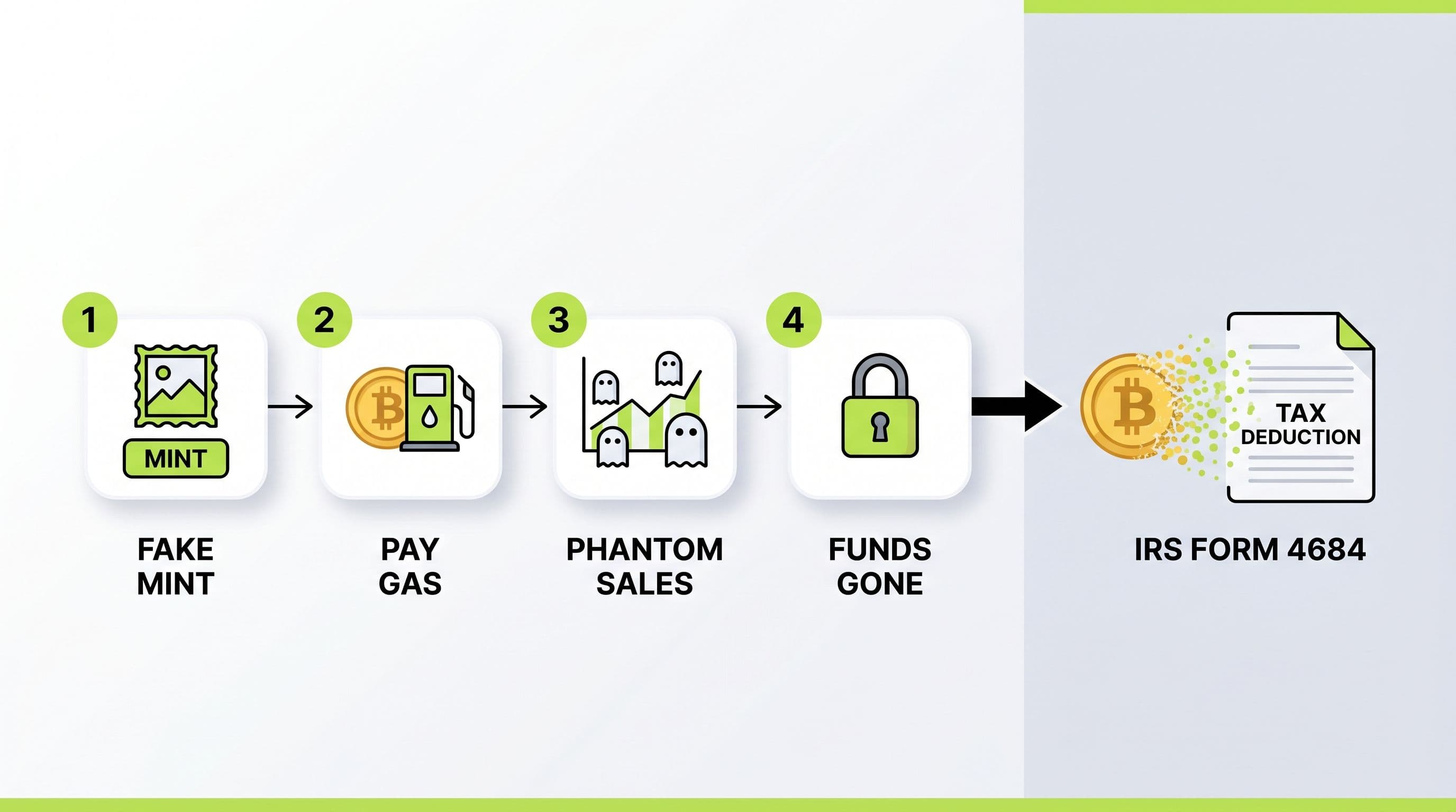 Infographic flow of a fake NFT minting scam: fake mint, pay gas, phantom sales, funds gone, leading to a deductible theft loss on IRS Form 4684