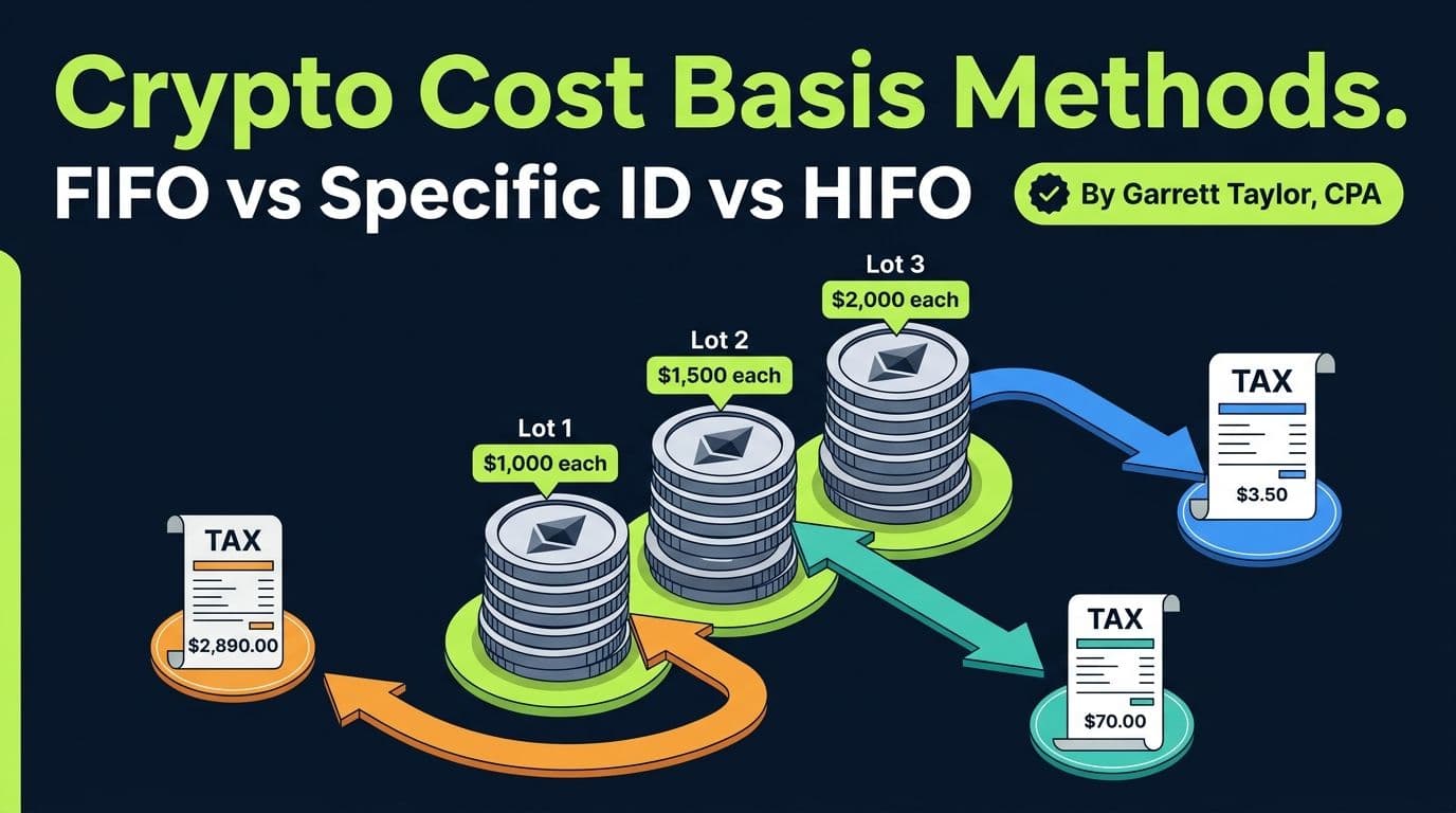 Crypto cost basis methods compared - FIFO vs HIFO vs Specific ID showing different lot selection strategies