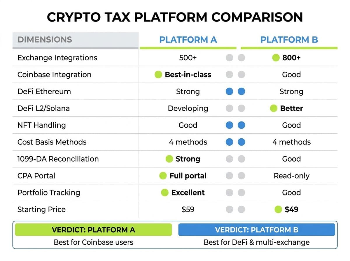 Side-by-side comparison of two leading crypto tax platforms across exchange support, DeFi quality, CPA tools, pricing, and 10 other dimensions