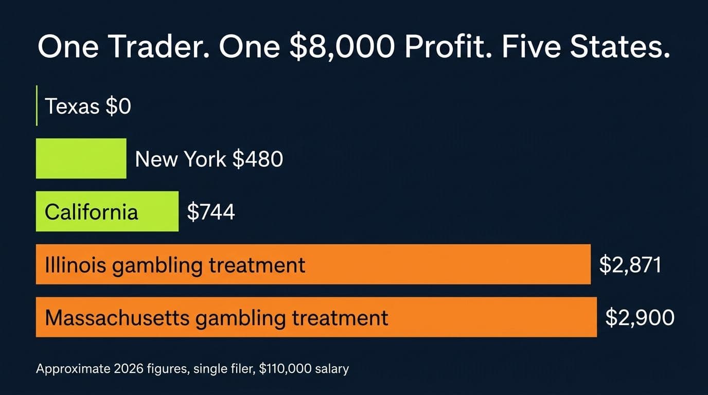 Bar chart of state tax on the same 8,000 dollar prediction market profit in Texas, New York, California, Illinois, and Massachusetts