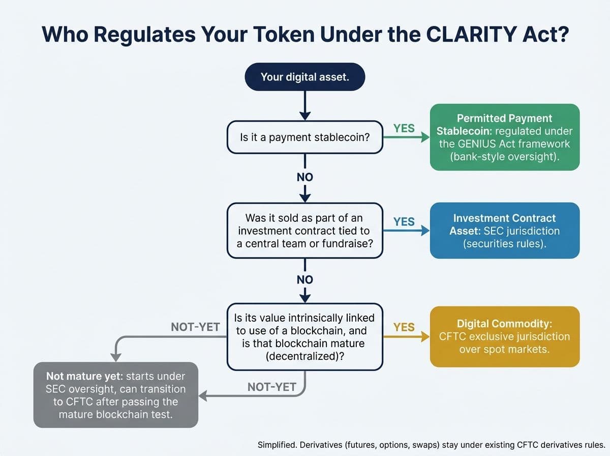 Flowchart showing how the CLARITY Act sorts digital assets between SEC jurisdiction, CFTC jurisdiction, and stablecoin rules