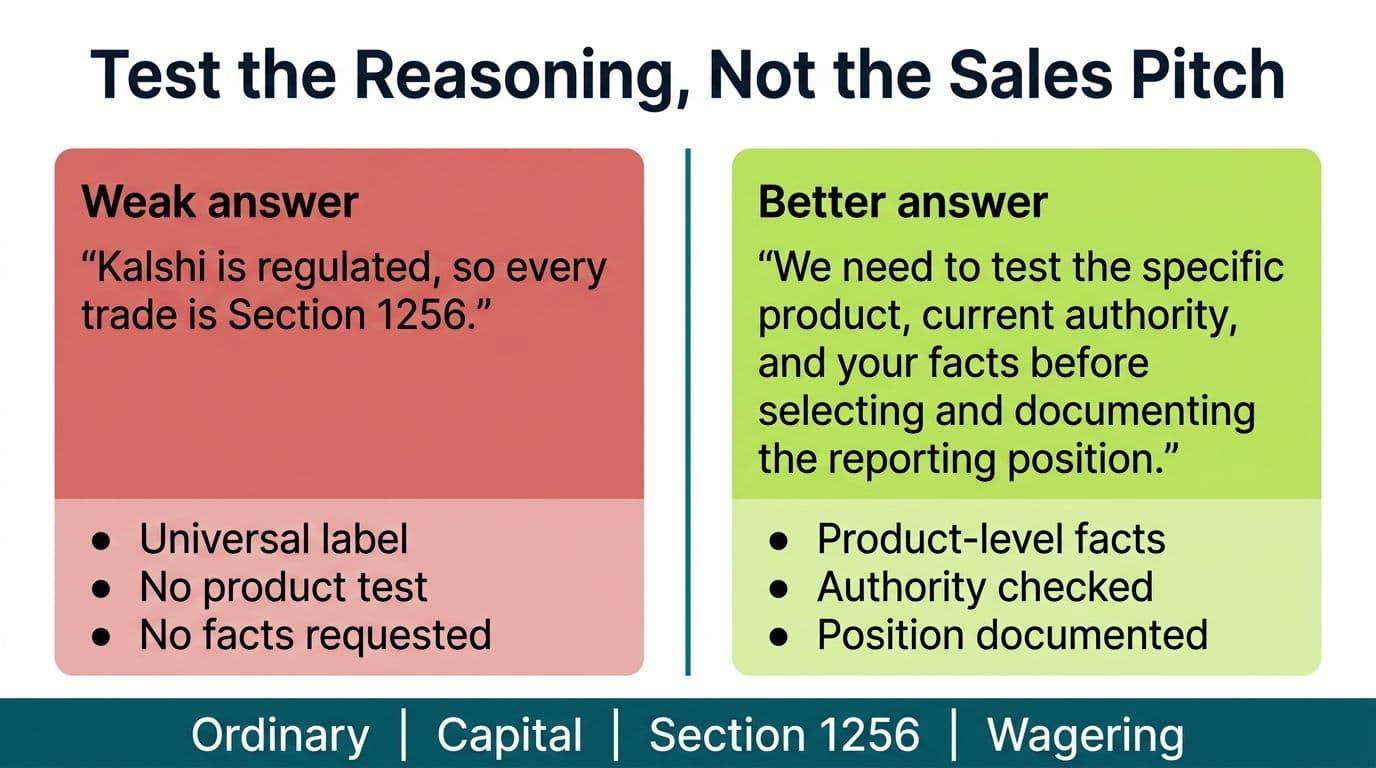 Good and bad answer examples for testing how a prediction market CPA analyzes ordinary, capital, Section 1256, and wagering treatment