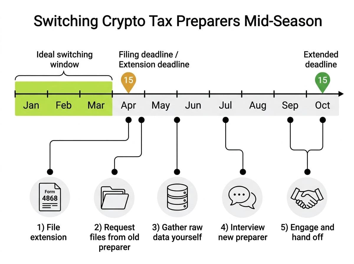 Timeline showing the safe window and 5-step process for switching crypto tax preparers mid-season from January through October