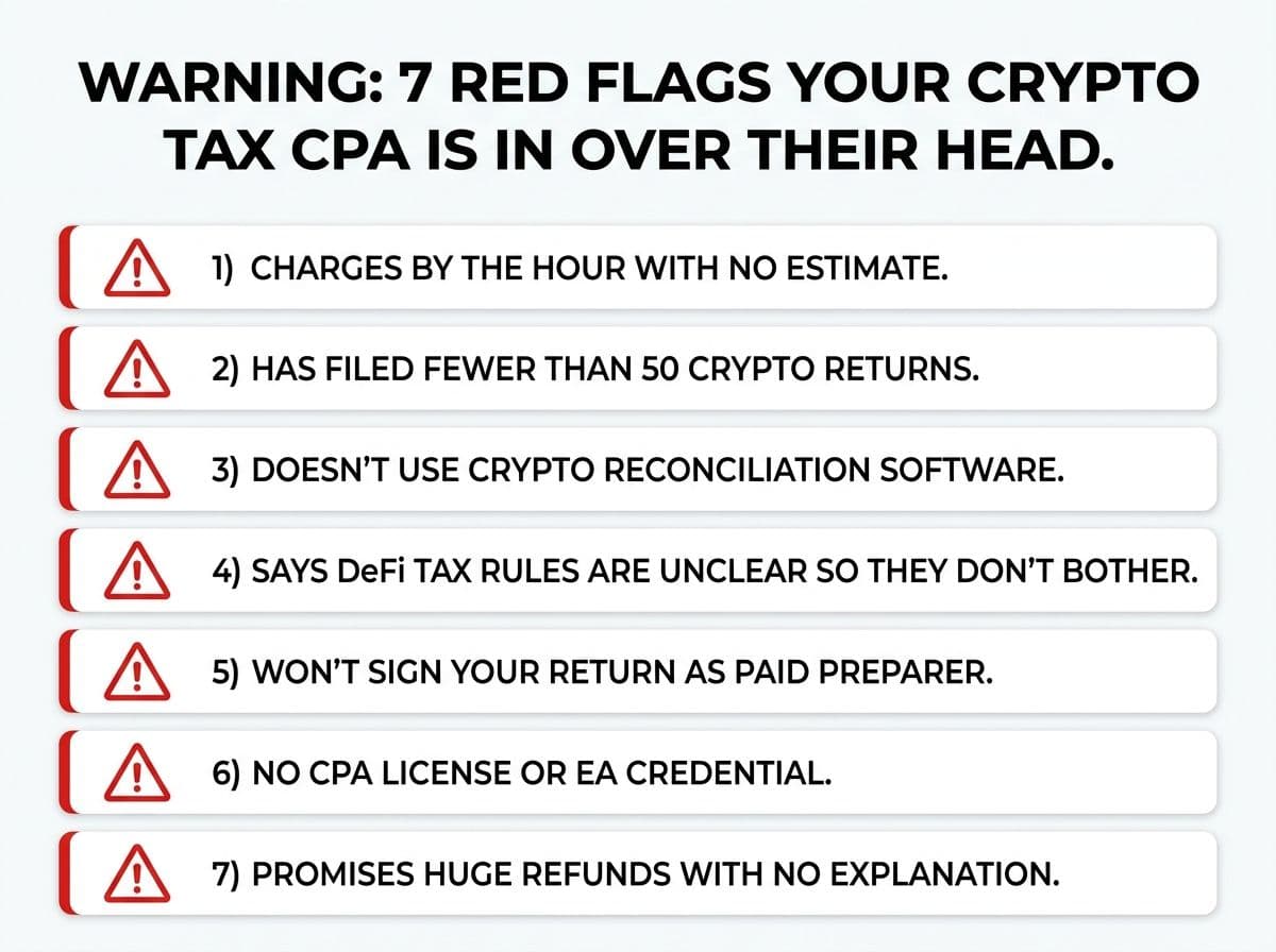 6 red flags that your crypto tax CPA is in over their head, including missing Form 8949, wrong income classification, and ignoring DeFi