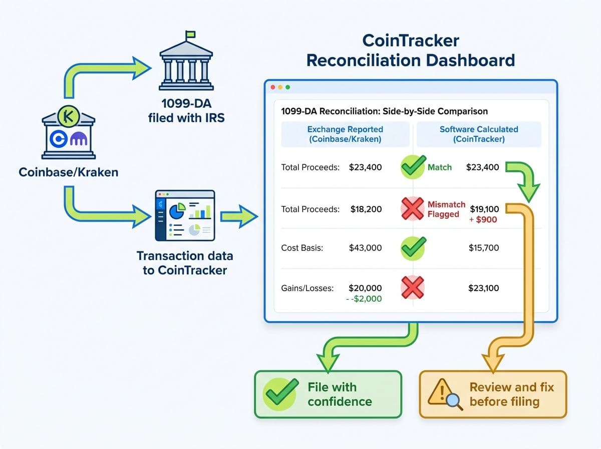 Flowchart showing how crypto tax software reconciles exchange 1099-DA data against your transaction history, flagging matches and mismatches before filing