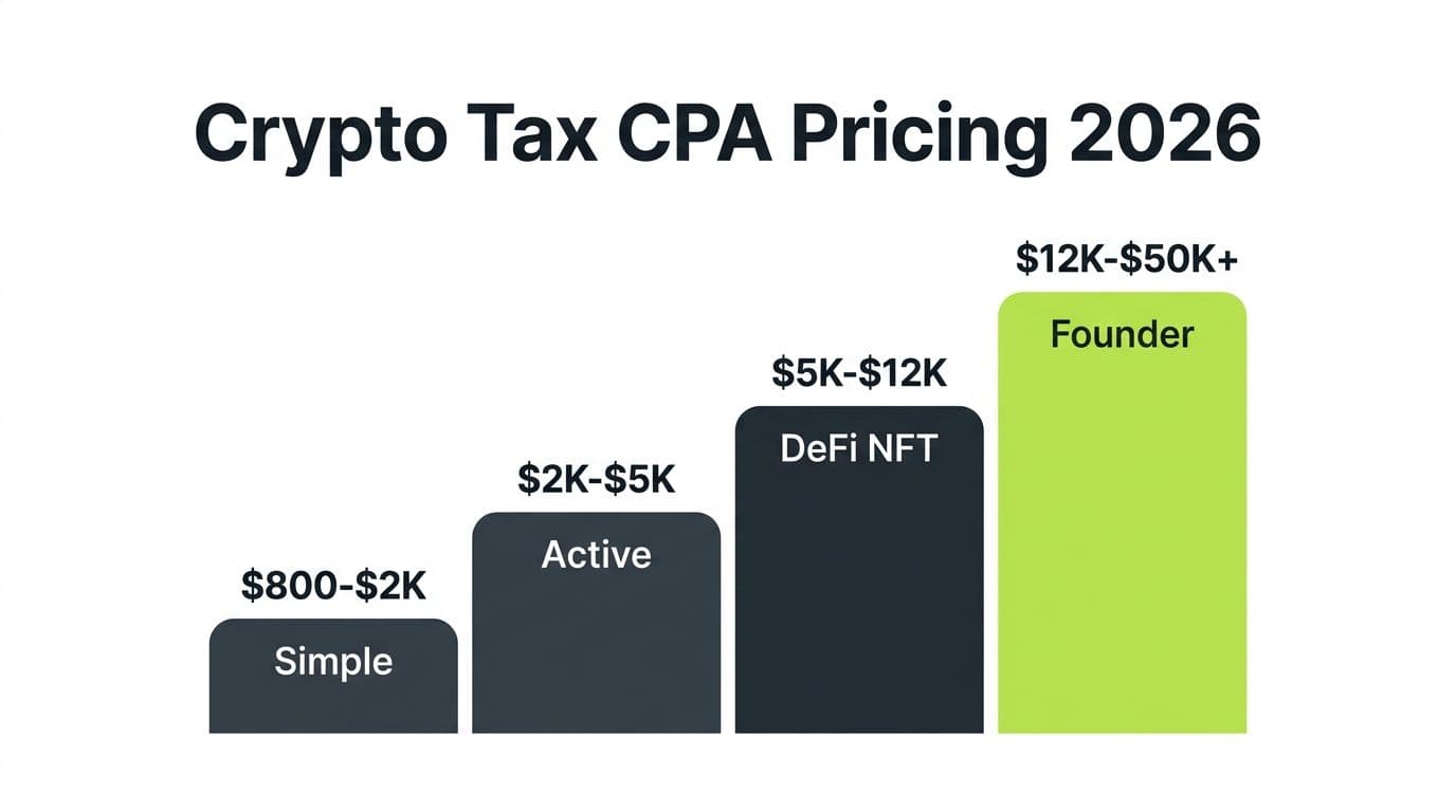 Crypto tax CPA pricing tiers for 2026 shown as four ascending cards: Simple ($800-$2K), Active Trader ($2K-$5K), DeFi/NFT ($5K-$12K), and Founder/Whale ($12K-$50K+)