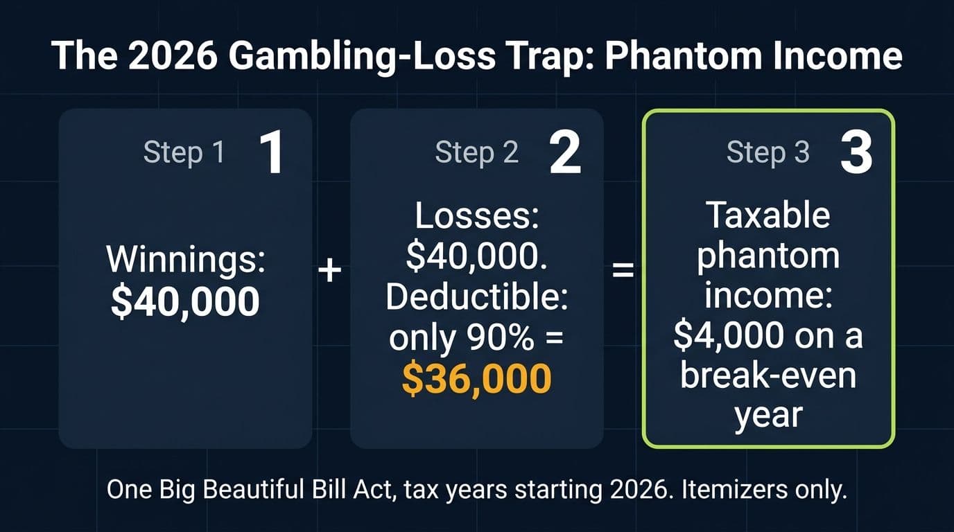 Infographic showing how the 2026 OBBBA 90 percent gambling loss cap creates $4,000 of taxable phantom income on a break-even $40,000 year