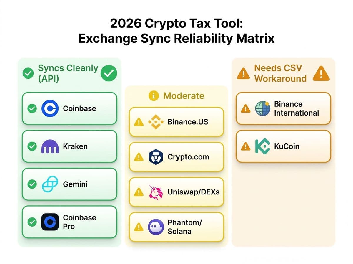 Matrix showing which exchanges sync cleanly via API versus which need CSV workarounds in CoinLedger for 2026