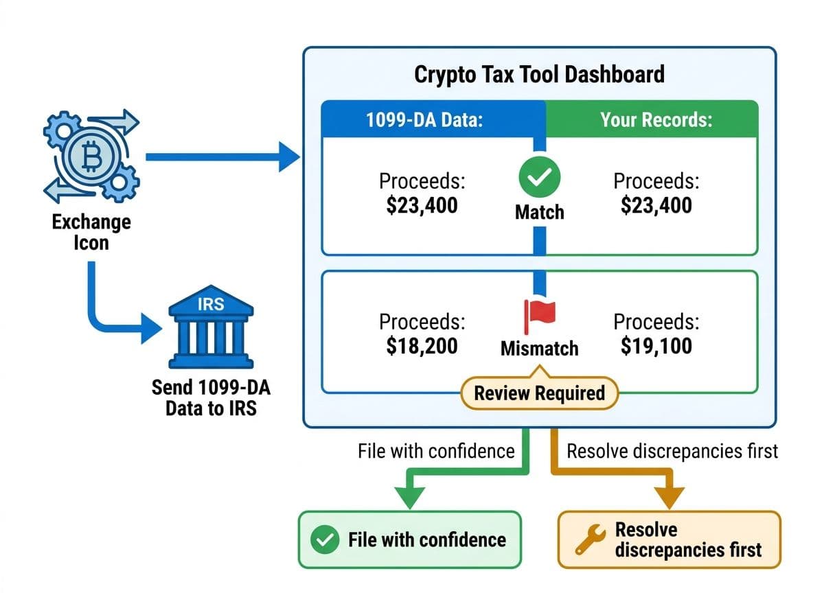 Flowchart showing how a crypto tax tool reconciles 1099-DA exchange data against your transaction records to catch mismatches before filing