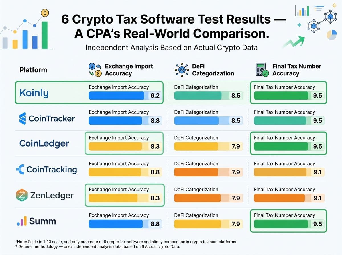 Bar chart comparing capital gains calculations from 6 crypto tax platforms using the same test portfolio, showing a $4,400 spread in reported gains