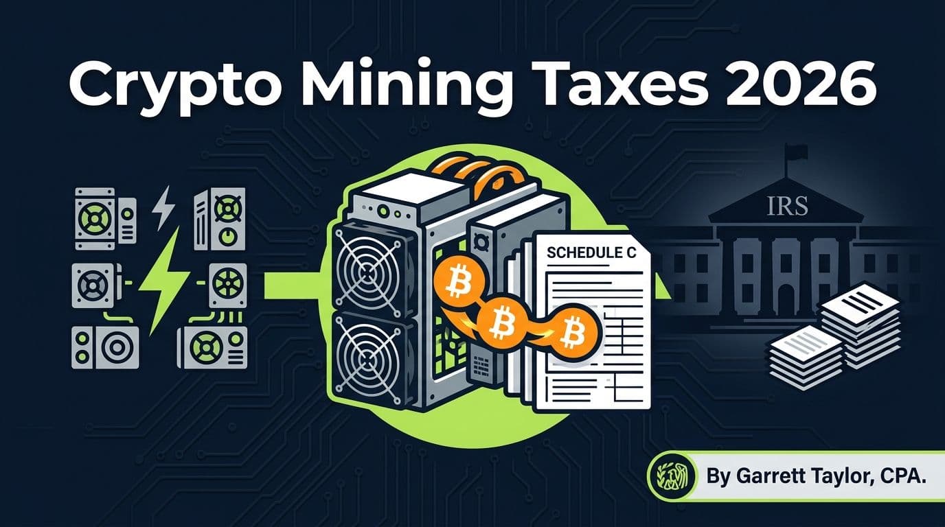 How crypto mining is taxed in 2026 - hero image showing mining hardware and tax form elements
