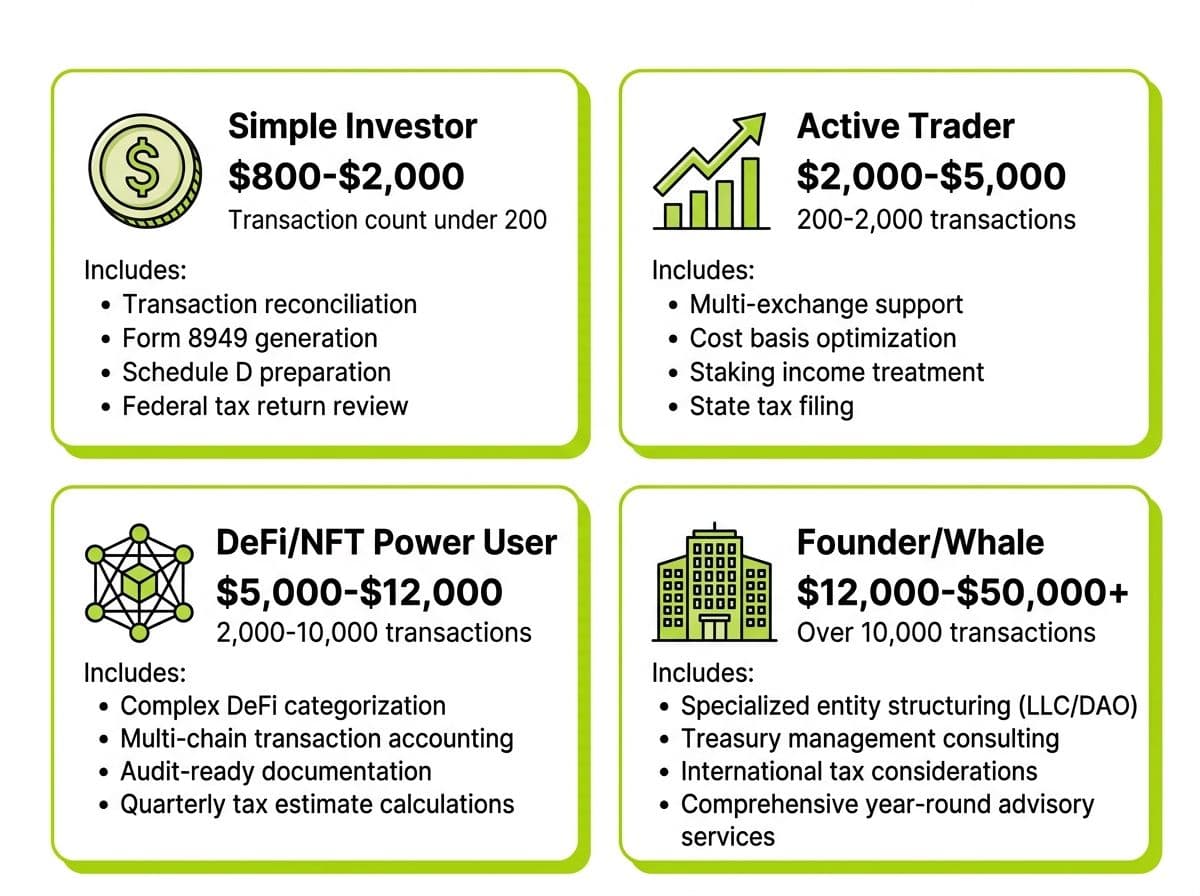 Four-tier crypto tax CPA pricing matrix showing what's included at each level: Simple ($800-$2K), Active ($2K-$5K), DeFi/NFT ($5K-$12K), Founder ($12K-$50K+)