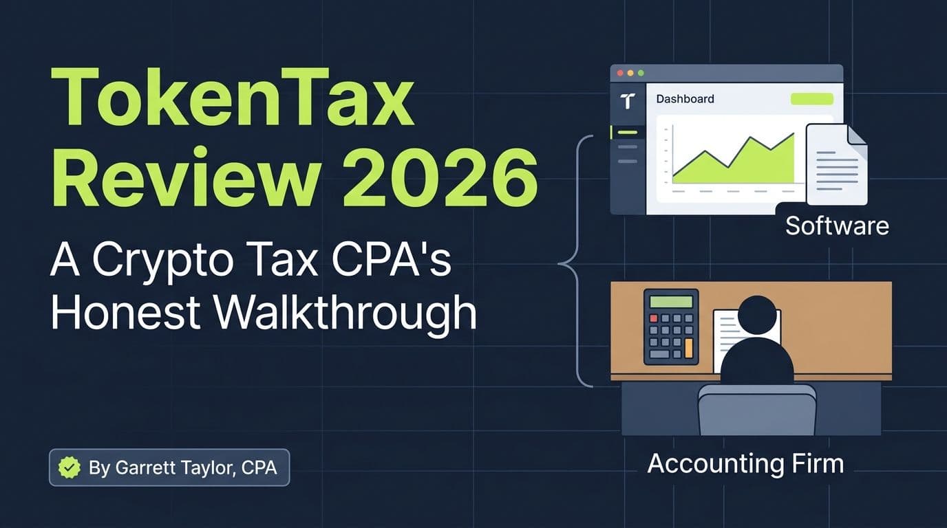 Hero image for TokenTax review 2026 showing TokenTax as both software and an accounting firm