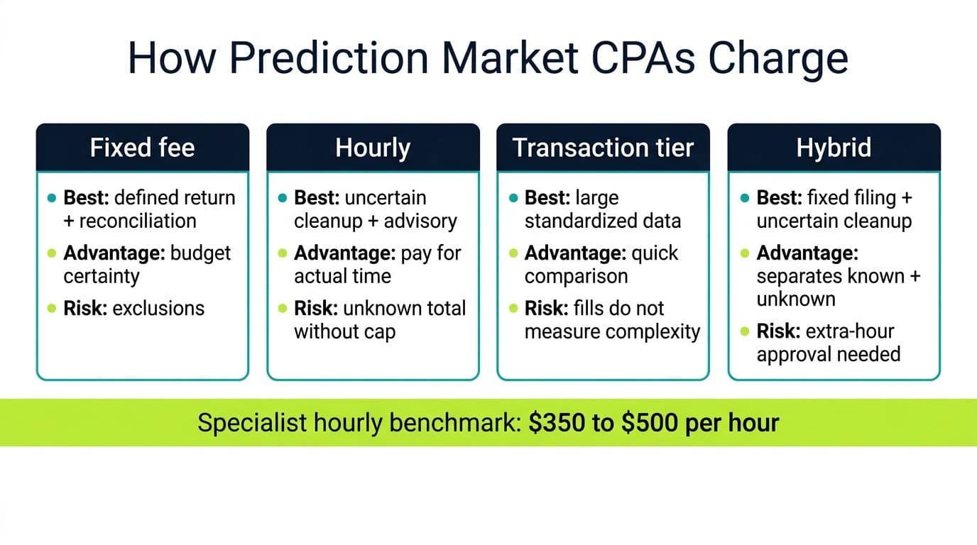 Comparison of fixed-fee, hourly, transaction-tier, and hybrid billing for prediction market CPA work
