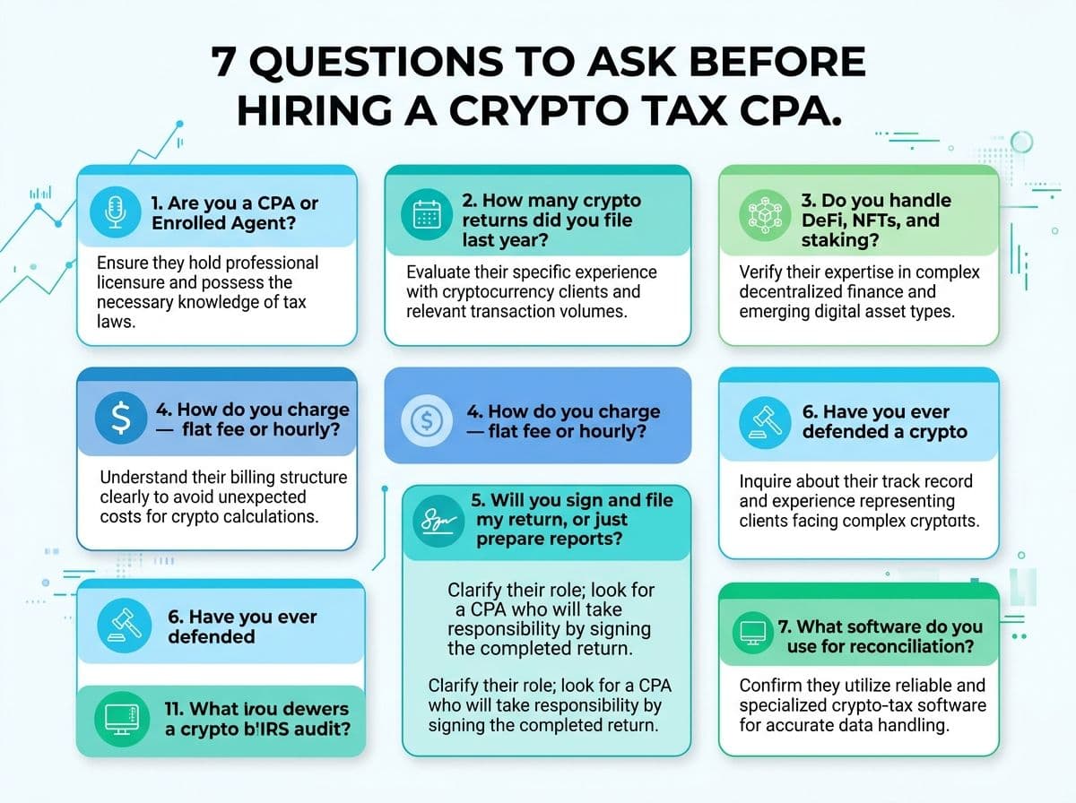 Checklist of 10 interview questions to ask before hiring a crypto tax CPA, with icons for each question topic