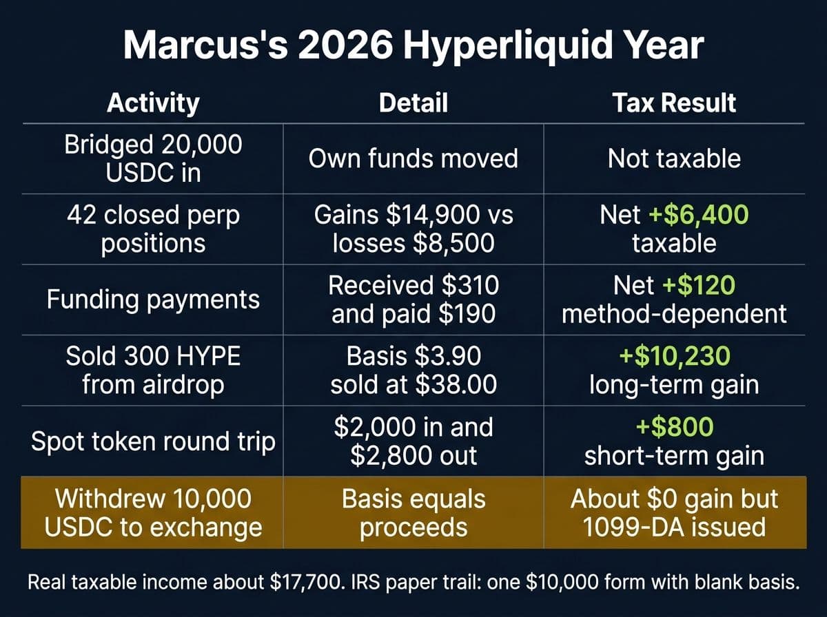 Activity ledger of a sample Hyperliquid trader showing perp profits, funding, HYPE airdrop sale, spot trade and the off-ramp 1099-DA
