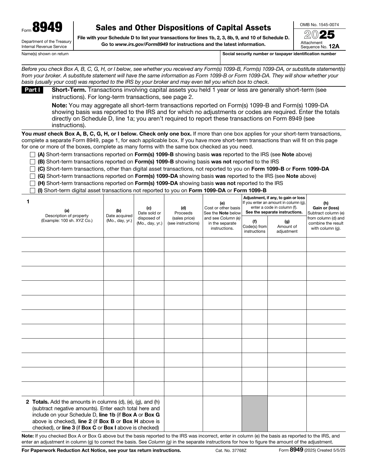 Blank Form 8949, Sales and Other Dispositions of Capital Assets, page 1, official IRS form